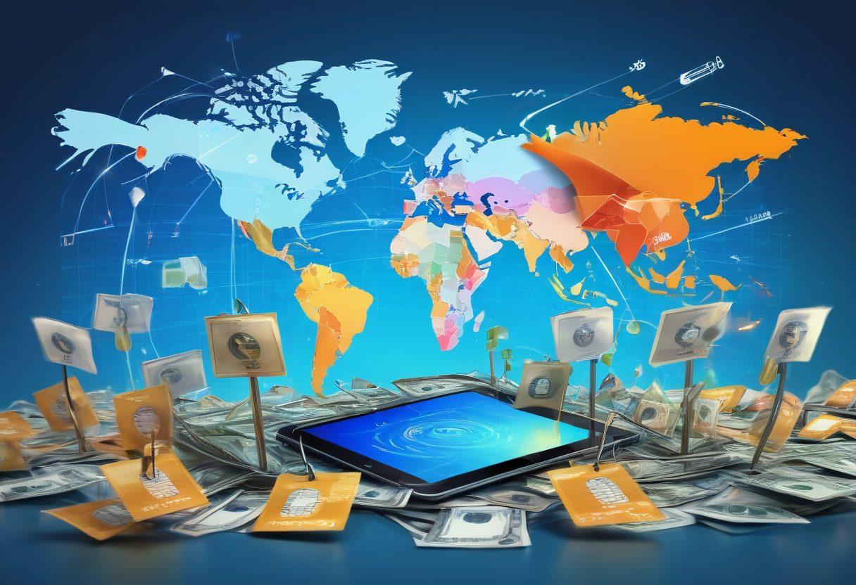 A dynamic illustration showcasing diverse individuals using modern digital devices to send and receive money instantly, with vibrant arrows symbolizing rapid transactions flowing between them. Include secure locks and checkmarks to emphasize safety in cash flow management. The background should represent a global map to signify international remittances. super-realistic. vibrant colors. 3D.