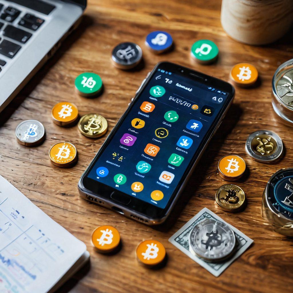 A modern digital wallet interface displaying various cryptocurrencies like Bitcoin and Ethereum, surrounded by floating dollar signs and banking icons. Showcase a sleek smartphone with a vibrant screen on a wooden desk, indicating effortless money management. Include graphical representations of rising charts and digital security symbols to emphasize innovation and security. The background should be soft-focused with a hint of tech-inspired motifs. super-realistic. vibrant colors. white background.