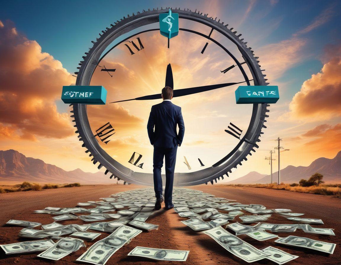 A person standing at a crossroads, surrounded by symbols of financial freedom like dollar signs, stacks of cash, and clocks showing time-saving solutions. The person is looking confidently towards a bright, clear horizon, symbolizing hope and opportunity. The background features elements like gears and arrows, representing fast cash and instant money solutions. The overall tone is energetic and motivating. vibrant colors. super-realistic.